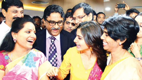 Nizamabad MP K Kavitha, actress Samantha and director of Women & Child Centre A Manjula sharing a light moment at the inauguration of the centre at Sunshine Hospital in Hyderabad on Friday | NEERAJ MURALI